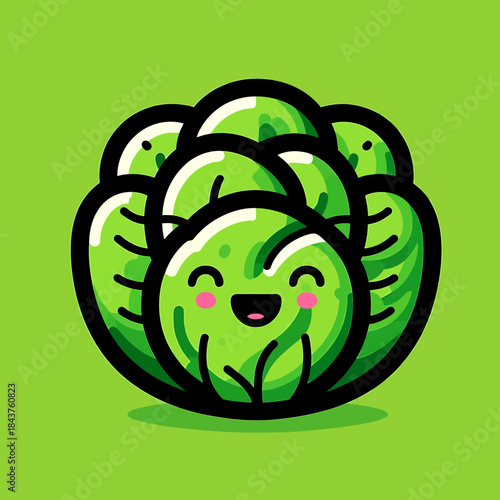 A cute cartoon illustration of a smiling green cabbage with rosy cheeks on a bright green background