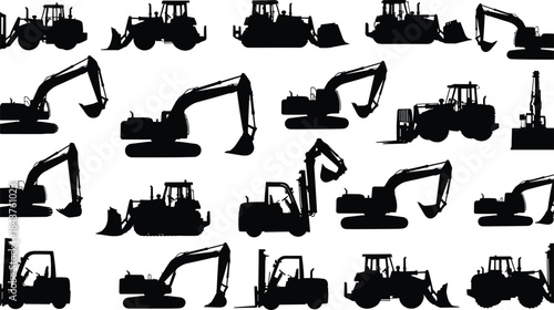 Construction vehicle silhouettes, heavy machinery, vector clipart, black and white, excavator, bulldozer, forklift, backhoe, industrial equipment