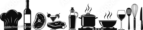 Cooking icons, kitchen silhouettes, chef tools, food elements, vector clipart, black and white, culinary art, dining, ingredients, utensils
