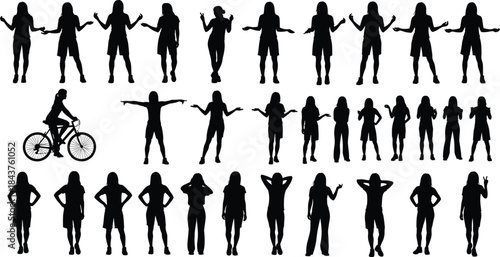 Human gesture silhouettes, expressive poses, body language, vector clipart, black and white, standing, sitting, biking, emotion, motion