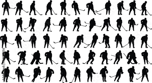 Hockey player silhouettes, dynamic poses, vector clipart, black and white, skating, shooting, defending, sports motion, ice hockey, stick