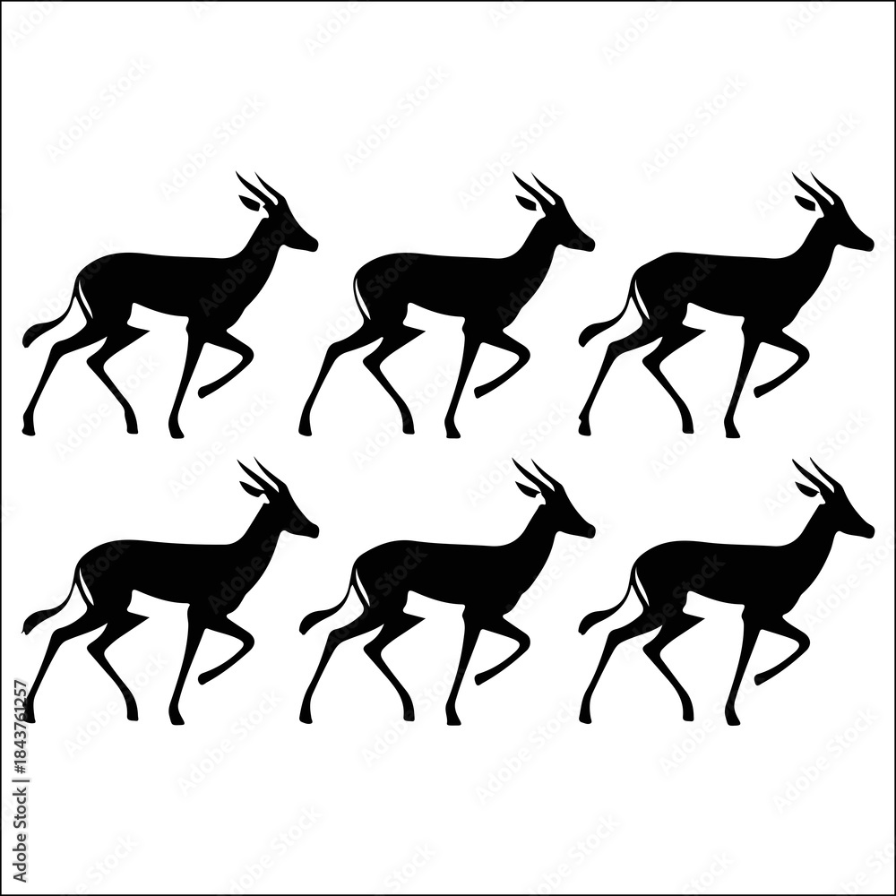 Fototapeta premium Six black silhouette antelopes running in a row against a stark white background for graphic design