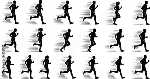Running silhouettes, motion study, athletic poses, vector clipart, black and white, fitness action, dynamic gesture, speed, sport, sprint