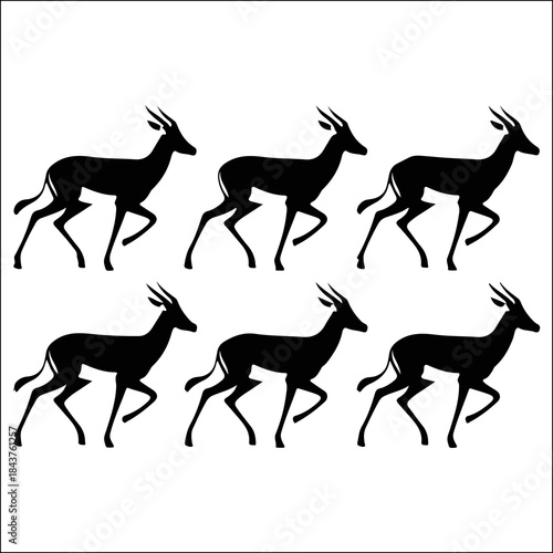 Six black silhouette antelopes running in a row against a stark white background for graphic design