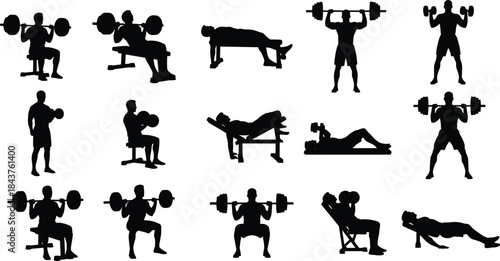 Weightlifting silhouettes, strength training poses, dumbbell and barbell exercises, vector clipart, black and white, fitness motion, gym workout