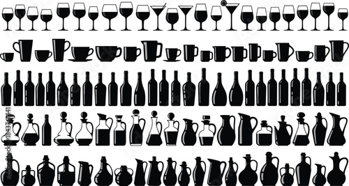 Large Collection of Glassware and Bottle Silhouettes, Vector Icons for Bar and Kitchen, Isolated on White Background
