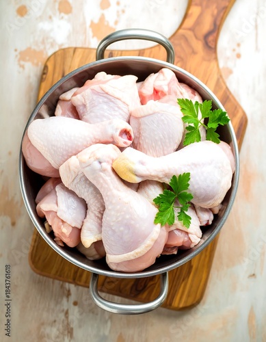 Raw chicken drumsticks in a metal pot