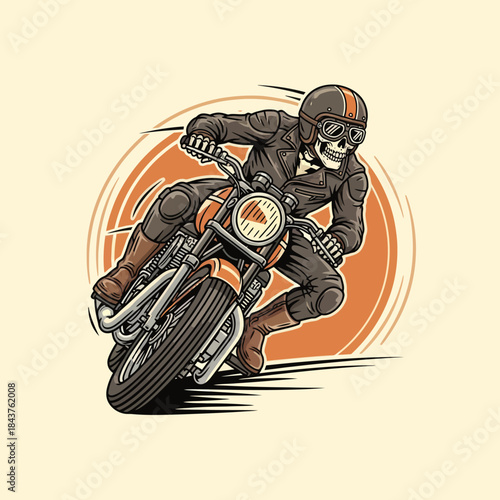 Dynamic illustration of a skull-faced rider leaning into a sharp turn on a