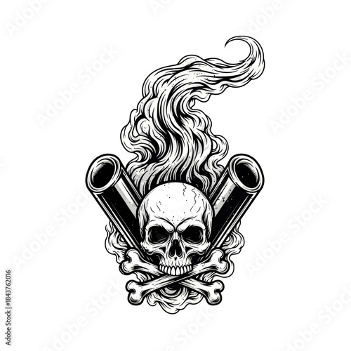 Dark skull with crossed gun barrels over smoky background in gothic art style