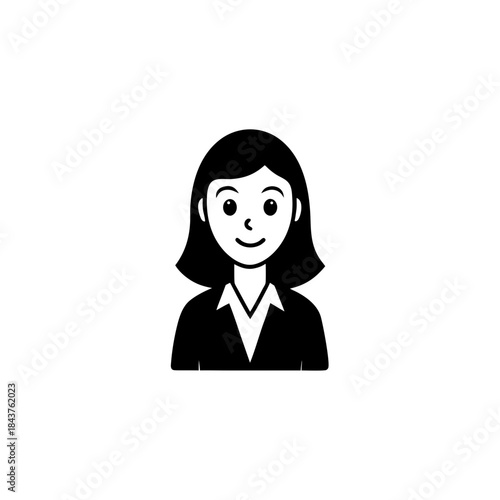 Simple black and white vector icon portraying a smiling business professional woman avatar