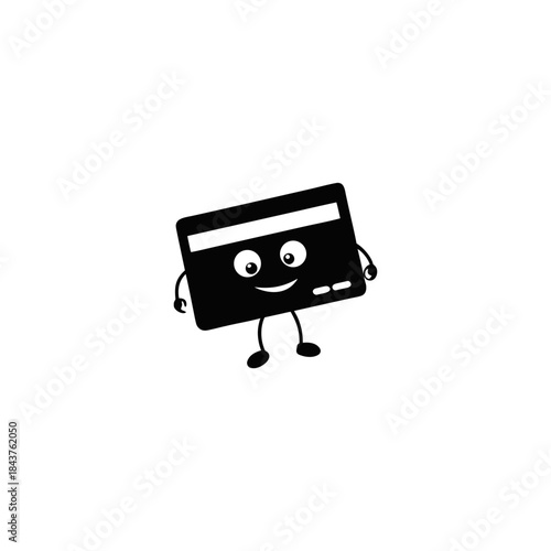 Happy cartoon credit card character standing with arms and legs, smiling brightly