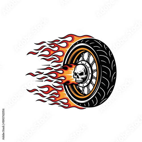 Dynamic motorcycle wheel with fiery flames and intimidating skull design for