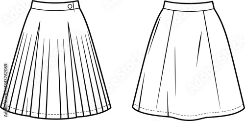 Pleated skirt vector illustration, A-line skirt fashion design template, clothing outline drawing, garment apparel sketch, sewing pattern reference, stylish women outfit, textile fashion art