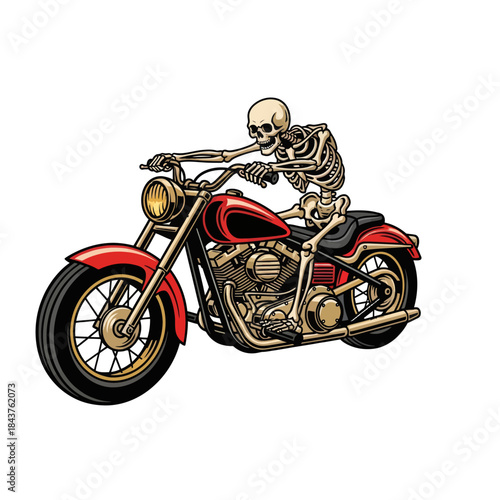 humorous illustration of a skeleton riding a vintage motorcycle emphasizing