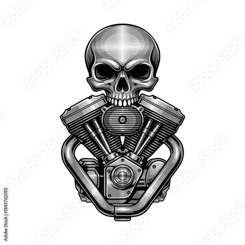 Intricate monochrome skull integrated with a detailed motorcycle engine design