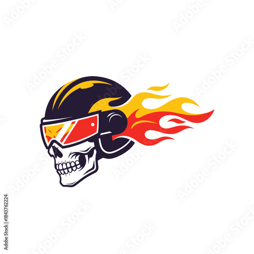 Dynamic skull with fiery flames and futuristic visor symbolizing adrenaline