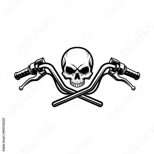 Bold skull and crossed motorcycle handlebars emblem representing rebellious