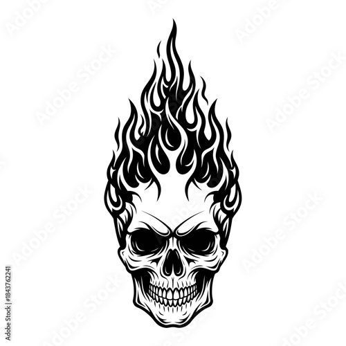 Black and white skull engulfed in fierce flames representing intensity and