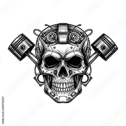 Futuristic Cybernetic Skull Art with Mechanical Pistons and Tech Elements