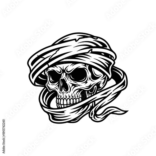 Intricate black and white skull wrapped in cloth design for gothic art