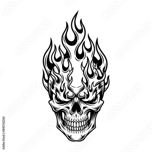Dramatic black and white flaming skull with intense flame details and