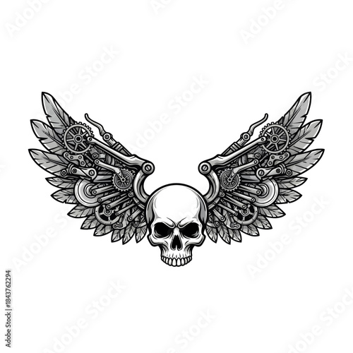 Intricate mechanical wings with a central skull embodying steampunk style and