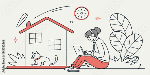 Remote Work Lifestyle: Woman with Laptop and Cat at Home