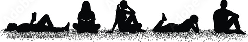 Relaxed silhouette vector, people sitting and lying on grass, outdoor leisure poses, peaceful activity illustration, black figure