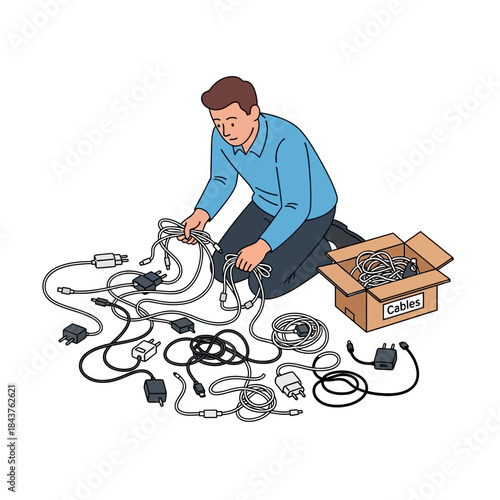 Illustrated man kneeling, sorting tangled black and grey electronic cables and power cords from a box.
