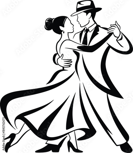Couple dancing tango in black and white dance ballroom