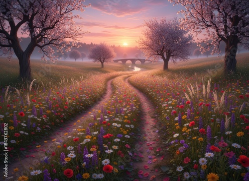 Serene Landscape of Blossoming Trees and Vibrant Wildflowers at Sunset