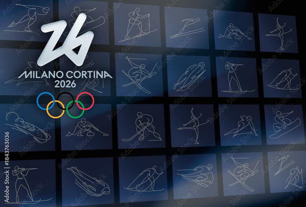Obraz premium MILAN, ITALY, DECEMBER 12, 2025. Modern branding design for the Milano Cortina 2026 Olympic Winter Games displaying the Futura logo and five rings symbol overlaid on a dark grid of all sports icons