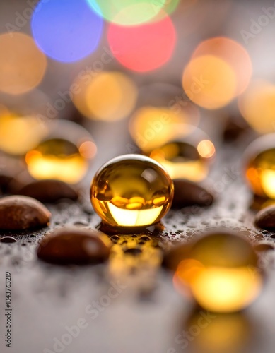 Amber spheres on dark stones