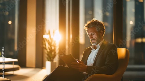 Businessman reading tablet in warm evening light inside modern office lounge with city skyline view
