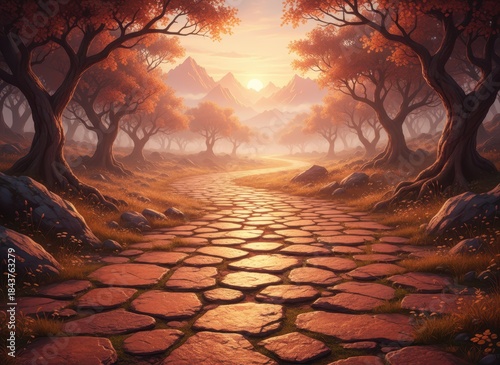 Serene Pathway Through Autumn Forest Under Golden Sunset Glow