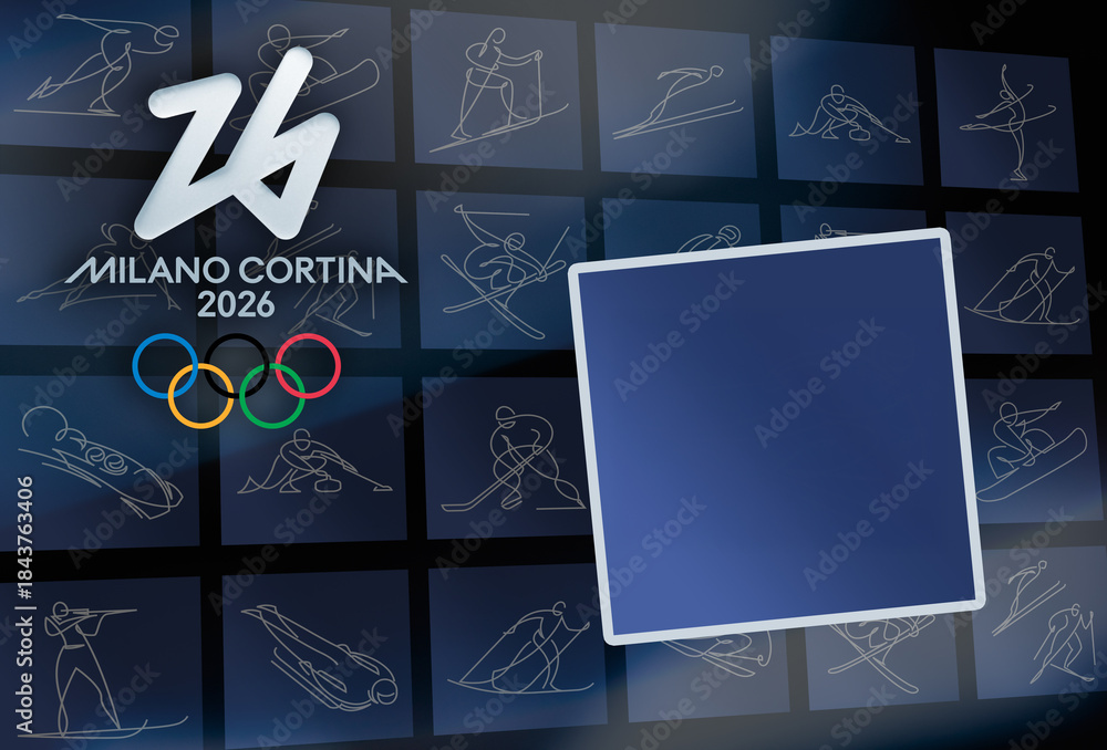 Obraz premium MILAN, ITALY, DECEMBER 12, 2025 Graphic design showing the official Milano Cortina 2026 Winter Olympics logo and pictograms on a blue background with an empty square frame ready for digital mockups