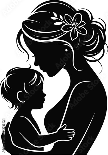 Black silhouette of mother holding baby with flower in hair