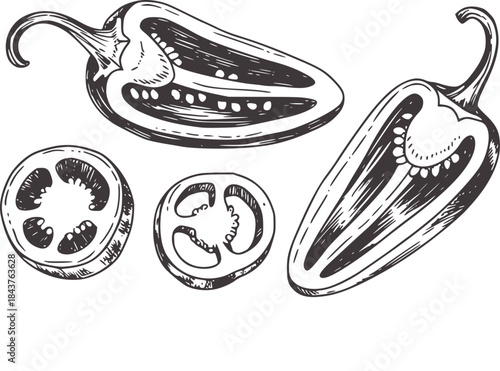 Black and white hand drawn jalapeno pepper halves and slices