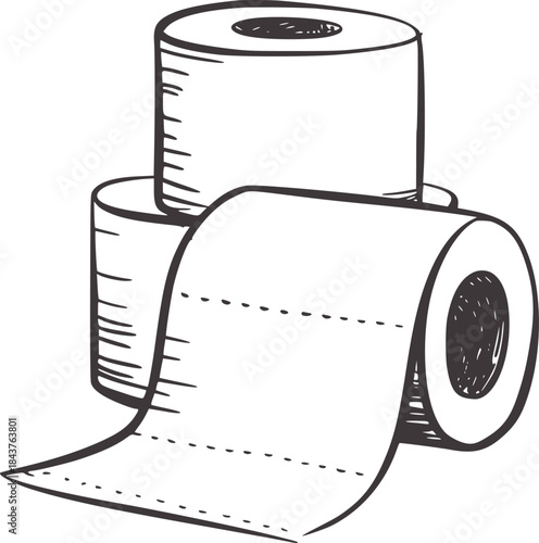 Black and white line of stacked toilet paper rolls unrolling