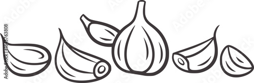 Black and white line of whole and peeled garlic cloves