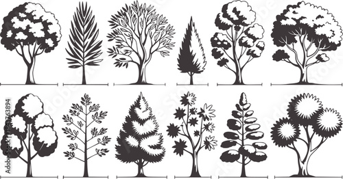 Black and white silhouettes of various tree species