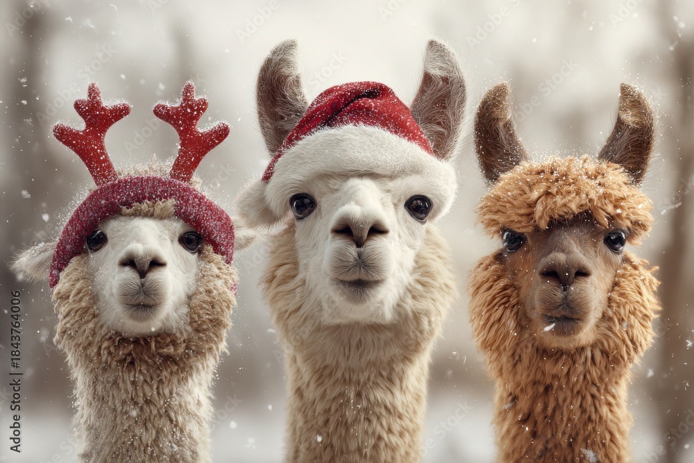 Obraz premium Festive Alpacas in Winter Santa Hats