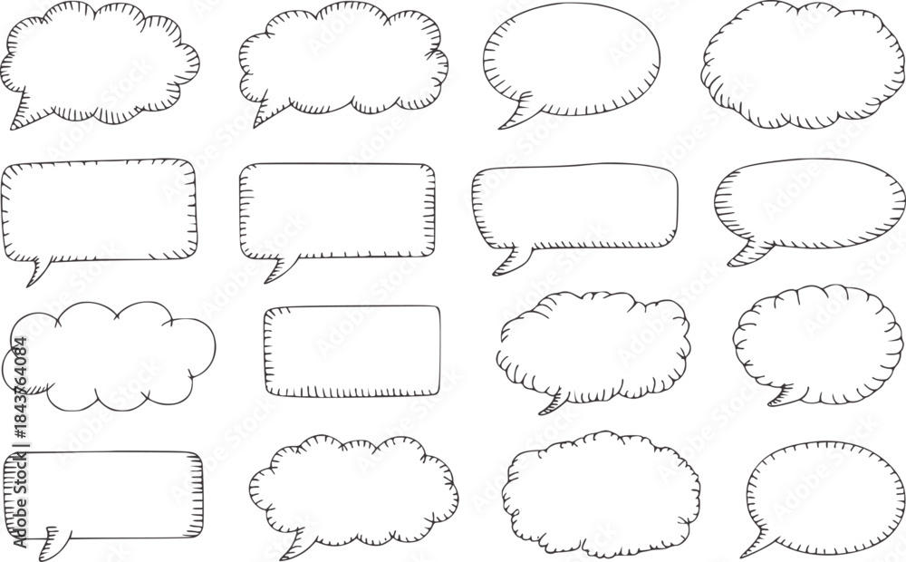 Fototapeta premium Fifteen hand drawn black and white speech bubbles in varied shapes