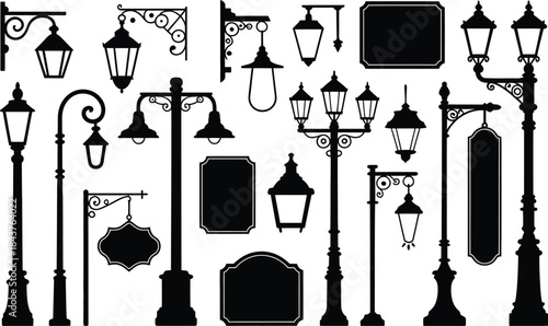 Collection of black silhouette street lamps and signs