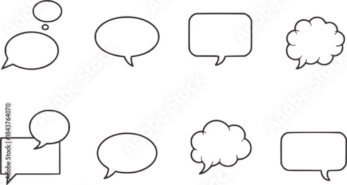 Eight empty black and white speech bubbles in various shapes