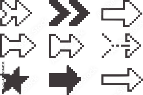 Twelve black pixelated arrow white arrows directions