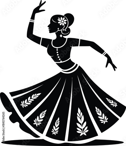 Black silhouette of a woman dancing in a traditional dress