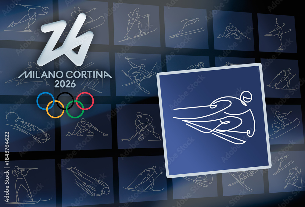 Fototapeta premium MILAN, ITALY, DECEMBER 12, 2025 The official Milano Cortina 2026 logo and rings alongside the white Alpine skiing pictogram on a blue square showing the winter sport graphics for the upcoming event