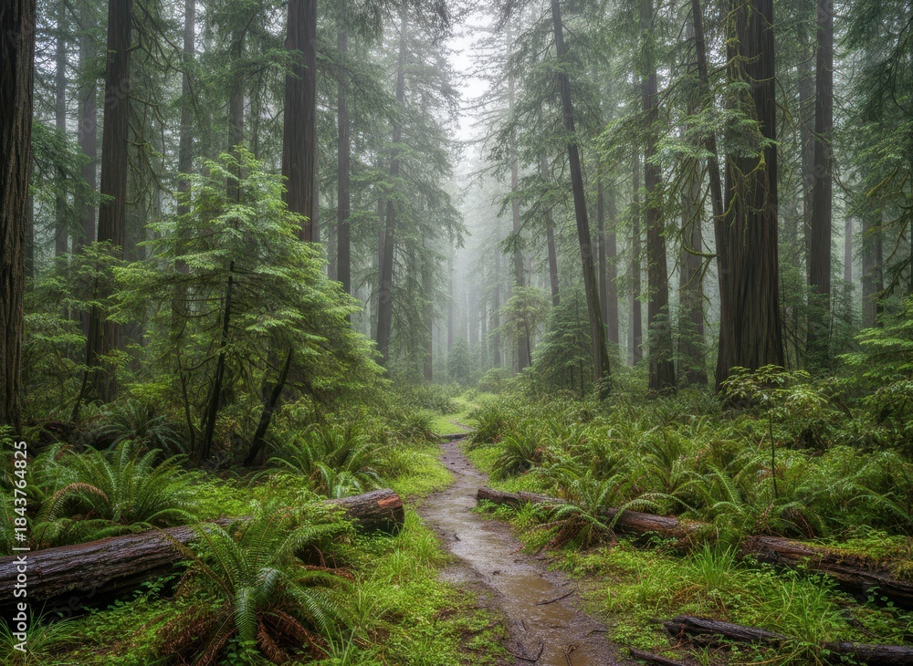 Obraz premium Serene Forest Trail with Mist and Lush Green Vegetation