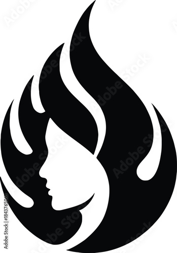 Black and white silhouette of a woman's profile within flames